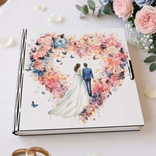 Pudełko na banknoty drewniane, otwarte pudełko prezentowe na ślub stojące na lustrzanym stole w nowoczesnej sali weselnej. Po lewej stronie widoczne są życzenia w języku polskim, po prawej trzy banknoty o nominale 200 zł. W tle bukiet kwiatów i geometryczna dekoracja.