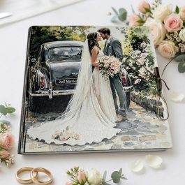 Pudełko na pieniądze drewniane, otwarte pudełko prezentowe na ślub stojące na lustrzanym stole w nowoczesnej sali weselnej. Po lewej stronie widoczne są życzenia w języku polskim, po prawej trzy banknoty o nominale 200 zł. W tle bukiet kwiatów i geometryczna dekoracja.