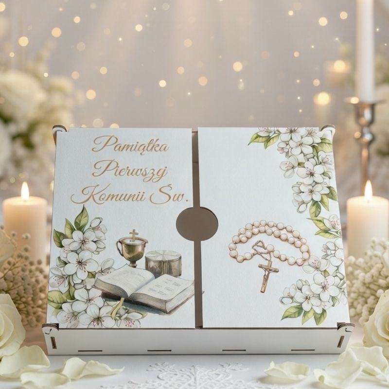 Pudełko, Pamiątka pierwszej komunii św. Białe drewniane pudełko na pieniądze na Pierwszą Komunię Świętą z grawerem i motywem hostii