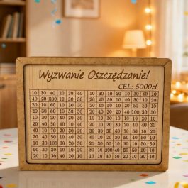Skarbonka wykreślanka 5000 zł z tabelką do oszczędzania, elegancki design naturalna, wymiary 20x15 cm.