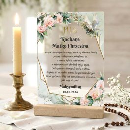 Podziękowania dla Chrzestnej Komunia Statuetka Pleksi Róż Eukaliptus. Personalizowana pamiątka Pierwszej Komunii Świętej dla Matki Chrzestnej w formie akrylowej tabliczki na drewnianej podstawie, ozdobiona motywem róż, eukaliptusa i złotym symbolem IHS.