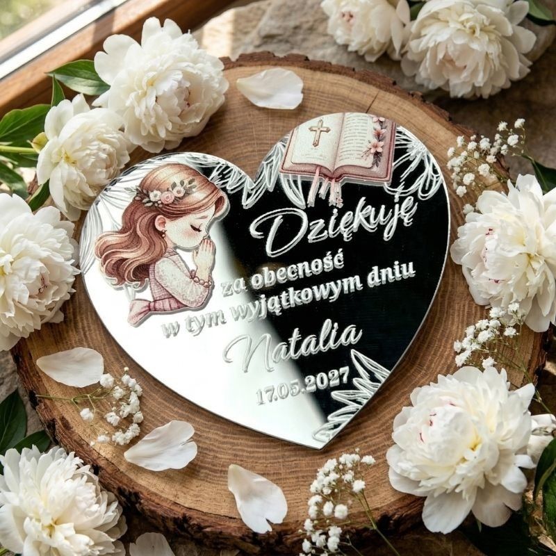Prezenciki dla gości. Personalizowany magnes na podziękowanie komunijne w kształcie serca ze srebrnej pleksi lustrzanej, z kolorowym nadrukiem modlącej się dziewczynki w wianku, otwartą Biblią, ozdobnym nadrukiem i Polish text "Dziękuję za obecność w tym wyjątkowym dniu Natalia 17.05.2027", położony na plaster drewna i otoczony białymi peoniami i gipsówką, w jasnym świetle dziennym.
