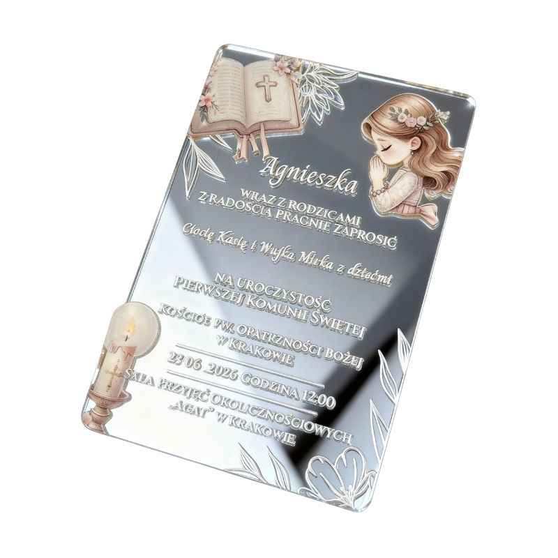 Zaproszenie na Komunię Pleksi Lustrzane Srebrne dla Chłopca MD1779