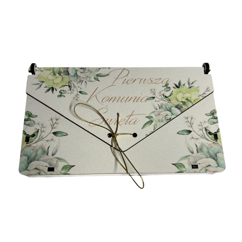 Białe pudełko na pieniądze na Komunię z grawerem imienia, życzeniami i kolorowym motywem eukaliptusa dla dziewczynki.