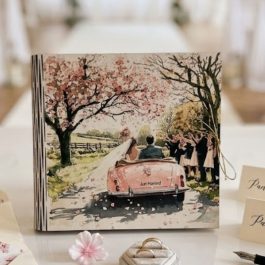 Drewniane, otwarte pudełko prezentowe na ślub stojące na lustrzanym stole w nowoczesnej sali weselnej. Po lewej stronie widoczne są życzenia w języku polskim, po prawej trzy banknoty o nominale 200 zł. W tle bukiet kwiatów i geometryczna dekoracja.