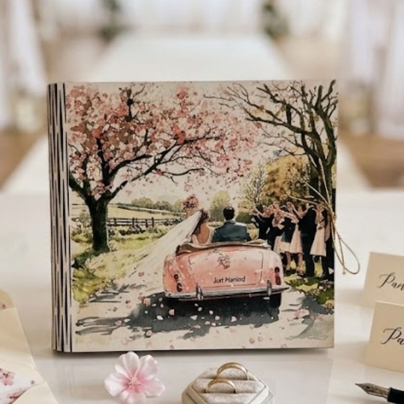 Drewniane, otwarte pudełko prezentowe na ślub stojące na lustrzanym stole w nowoczesnej sali weselnej. Po lewej stronie widoczne są życzenia w języku polskim, po prawej trzy banknoty o nominale 200 zł. W tle bukiet kwiatów i geometryczna dekoracja.