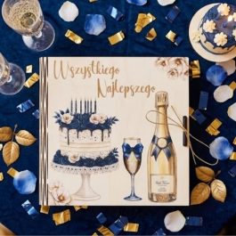 Luksusowe Pudełko na Pieniądze i Upominki na Urodziny Motyw szampana i tortu. Białe kwadratowe pudełko na pieniądze na urodziny dla niego i dla niej z nadrukiem szampana i tortu i napisem wszystkiego najlepszego.