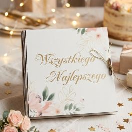 Drewniana koperta urodzinowa. Luksusowe Pudełko na Pieniądze i Upominki na Urodziny Motyw różowych kwiatków. Białe kwadratowe pudełko na pieniądze na urodziny dla niego i dla niej z nadrukiem kwiatków i napisem wszystkiego najlepszego.