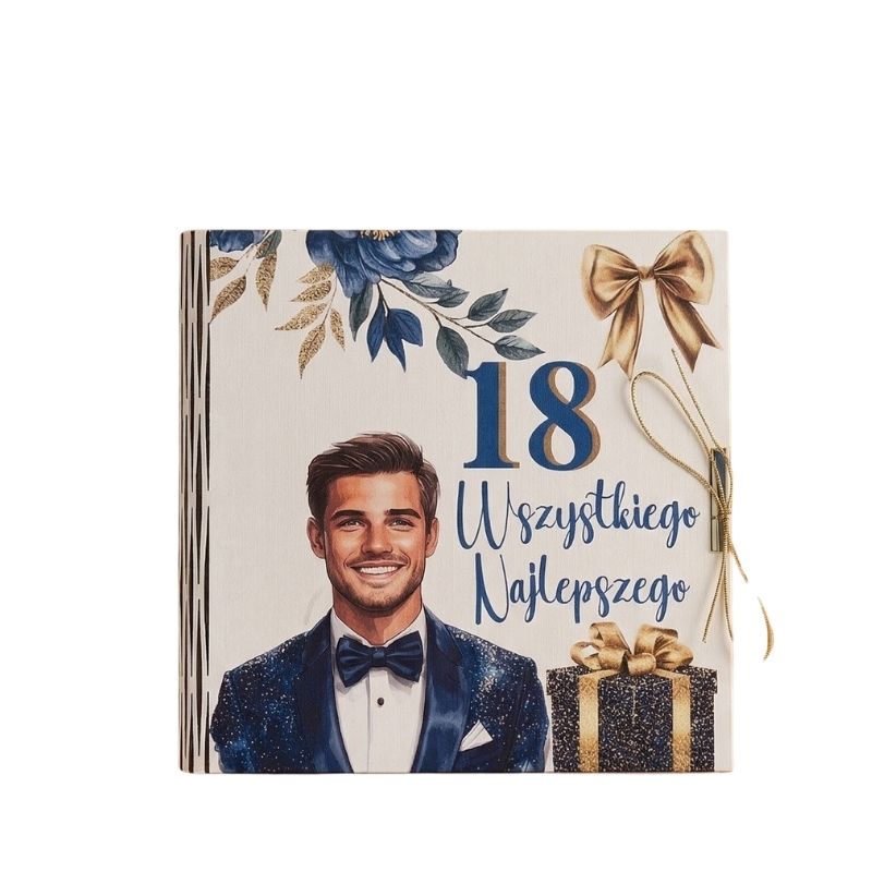 Białe kwadratowe pudełko na pieniądze na 18 urodziny dla chłopaka z nadrukiem mężczyzny w smokingu i złotym napisem 18 Wszystkiego Najlepszego.