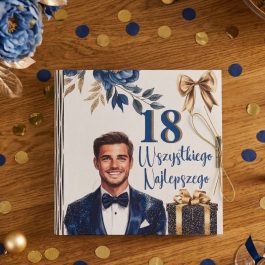 Białe kwadratowe pudełko na pieniądze na 18 urodziny dla chłopaka z nadrukiem mężczyzny w smokingu i złotym napisem 18 Wszystkiego Najlepszego.