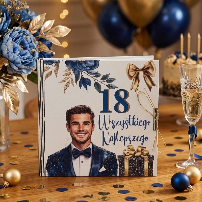 Białe kwadratowe pudełko na pieniądze na 18 urodziny dla chłopaka z nadrukiem mężczyzny w smokingu i złotym napisem 18 Wszystkiego Najlepszego.