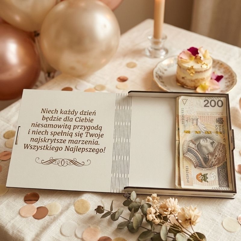 Białe kwadratowe pudełko na pieniądze na 18 urodziny dla chłopaka z nadrukiem mężczyzny w smokingu i złotym napisem 18 Wszystkiego Najlepszego.