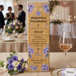 Podziękowanie dla świadkowej. Personalizowane bambusowe pudełko na wino dla świadka z nadrukiem fioletowych chabrów, złotych liści i połączonych obrączek. Widoczny polski tekst: NAJLEPSZY ŚWIADEK ♡ Tomasz, podziękowanie od pary młodej Ewelina & Michał, data 18.04.2026. Metalowe zawiasy i zapięcie widoczne z boku skrzynki.