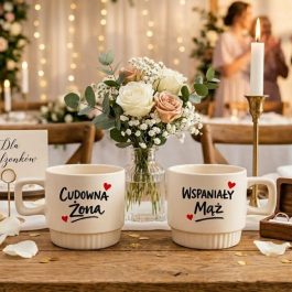 Elegancki prezent Kubki ryflowane dla pary. Zestaw dwóch kubków ceramicznych o ryflowanej strukturze z nadrukiem Mąż i Żona, pojemność 300ml, prezent dla pary.