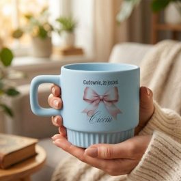Kubek dla cioci z napisem „Cudownie, że jesteś” i różową kokardą, prezent dla cioci ze żłobka i przedszkola.