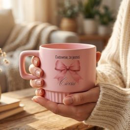 Prezent dla cioci chrzestnej. Różowy ryflowany kubek dla cioci z napisem „Cudownie, że jesteś” i różową kokardą, prezent dla cioci ze żłobka i przedszkola.