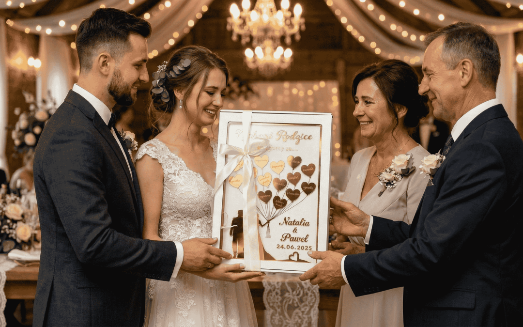 Co napisać na podziękowaniach? Wzruszający moment wręczenia podziękowań dla rodziców na weselu. Para Młoda wręcza elegancką ramę 3D z lustrzanymi balonikami od My-Deco.pl