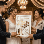 Co napisać na podziękowaniach? Wzruszający moment wręczenia podziękowań dla rodziców na weselu. Para Młoda wręcza elegancką ramę 3D z lustrzanymi balonikami od My-Deco.pl