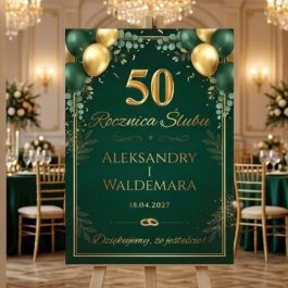 Tablica Powitalna Rocznicowa na 50 Rocznicę Ślubu. Personalizowana zielono-złota tablica powitalna na rocznicę ślubu z motywem złotych balonów i kieliszków, format 50x70 cm.