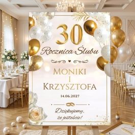 Personalizowana Tablica Powitalna na Rocznicę Ślubu Premium Beżowo Złota z motywem złotych balonów i kieliszków, format 50x70 cm.
