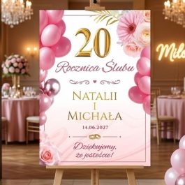 Personalizowana Tablica Powitalna na Rocznicę Ślubu Premium różowo złota z motywem złotych balonów i kieliszków, format 50x70 cm.