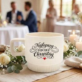 Kubek dla chrzestnego, Ekril kubek ceramiczny z ozdobnym napisem Najlepszy Ojciec Chrzestny, kwadratowym uchem i ryflowaną podstawą na białym tle.