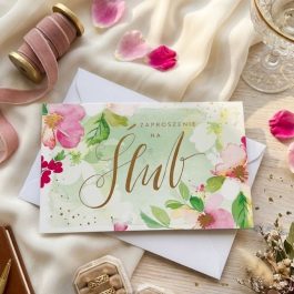 Eleganckie zaproszenia ślubne do samodzielnego wypisania w stylu boho z dopasowaną gładką kopertą, ułożone na jasnym tle