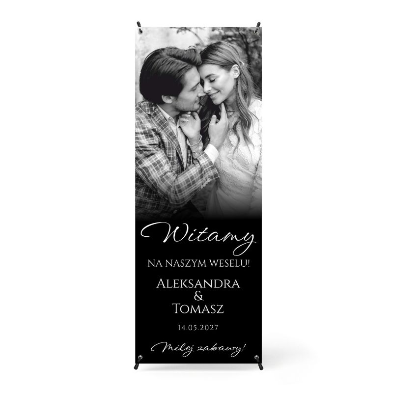 Baner Ślubny z Waszym Zdjęciem. Personalizowany baner ślubny ze zdjęciem pary młodej, imionami i datą ślubu jako witacz przed salę weselną.