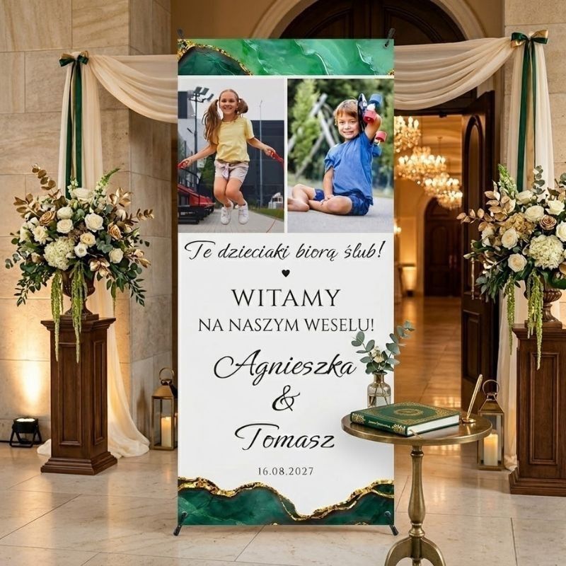 X Baner na Wesele Te Dzieciaki Biorą Ślub . Personalizowany baner ślubny 80x180 cm ze zdjęciami z dzieciństwa pary młodej i napisem „Te dzieciaki biorą ślub!”