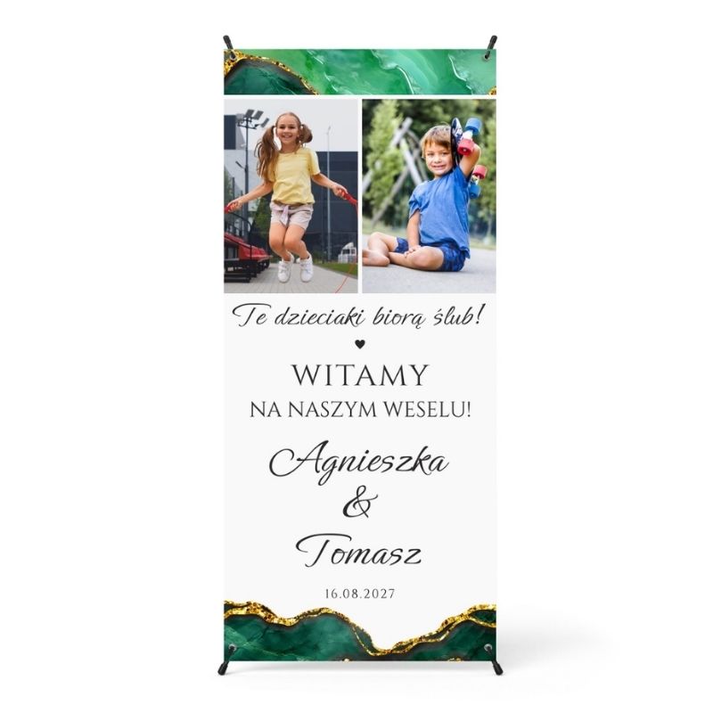 Personalizowany baner ślubny 80x180 cm ze zdjęciami z dzieciństwa pary młodej i napisem „Te dzieciaki biorą ślub!”