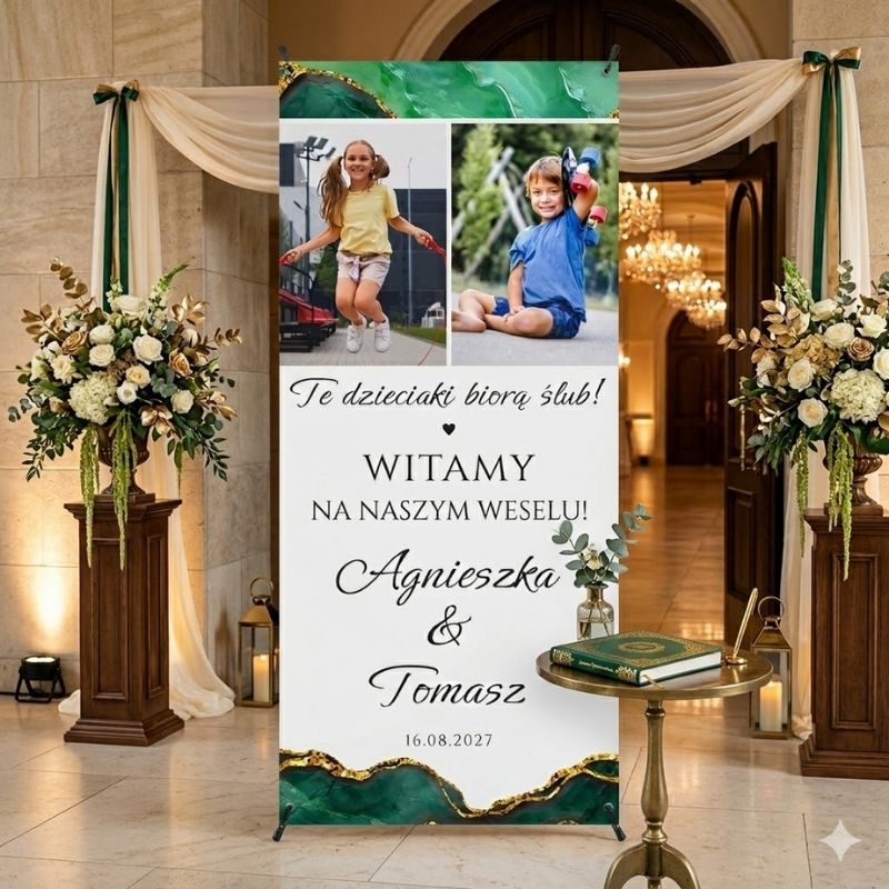 X Baner na Wesele Te Dzieciaki Biorą Ślub . Personalizowany baner ślubny 80x180 cm ze zdjęciami z dzieciństwa pary młodej i napisem „Te dzieciaki biorą ślub!”