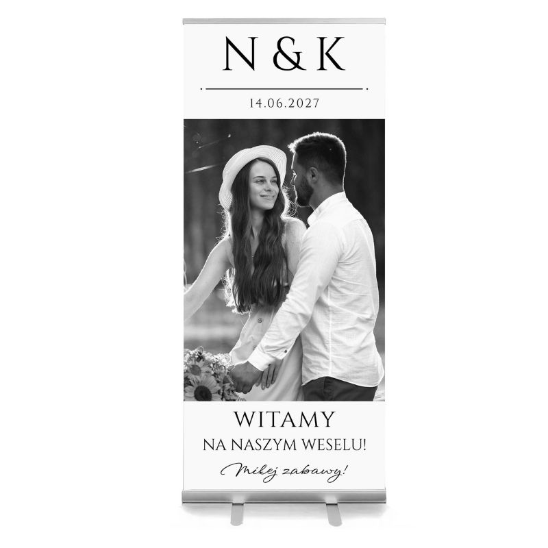 Personalizowany Roll-Up Ślubny Rozwijany 85x200 Witacz Weselny Witamy. Personalizowany baner ślubny roll-up 85x200 jako elegancki witacz do sali weselnej