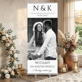 Roll-Up Ślubny Powitalny "Witajcie” ze Zdjęciem Pary Młodej. Personalizowany Roll-Up Ślubny Rozwijany 85x200 Witacz Weselny Witamy. Personalizowany baner ślubny roll-up 85x200 jako elegancki witacz do sali weselnej