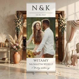 Personalizowany Roll-Up Ślubny Rozwijany 85x200 Witacz Weselny Witamy. Personalizowany baner ślubny roll-up 85x200 jako elegancki witacz do sali weselnej