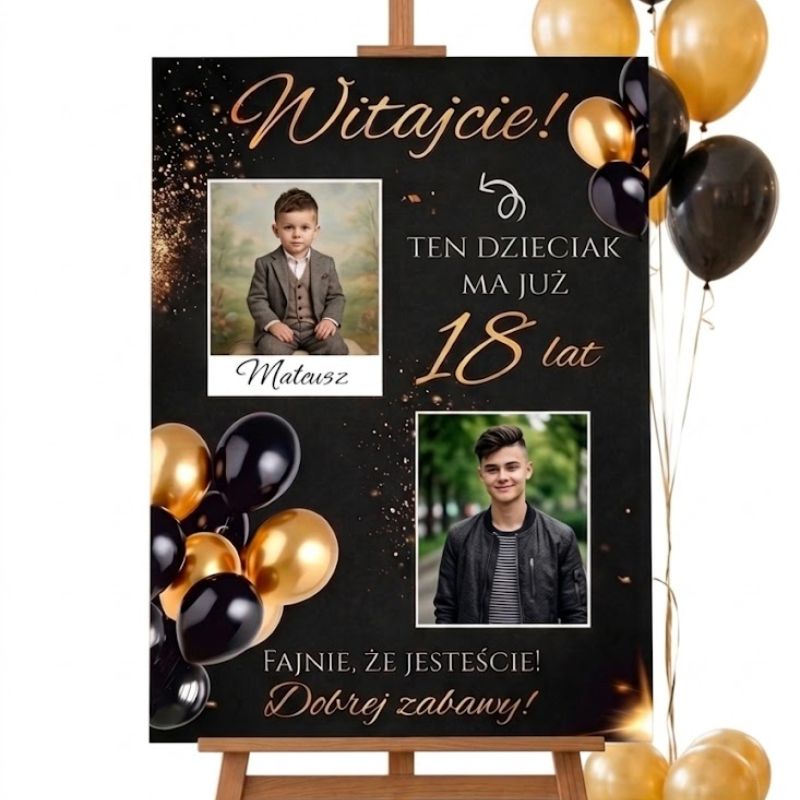 Tablica Powitalna Zdjęcie Kiedyś i Dziś Ten Dzieciak Ma Już 18 Lat. Tablica urodzinowa witacz na 18 urodziny Kuby ze zdjęciem i złotymi balonami, stojąca na drewnianej sztaludze w udekorowanej sali.