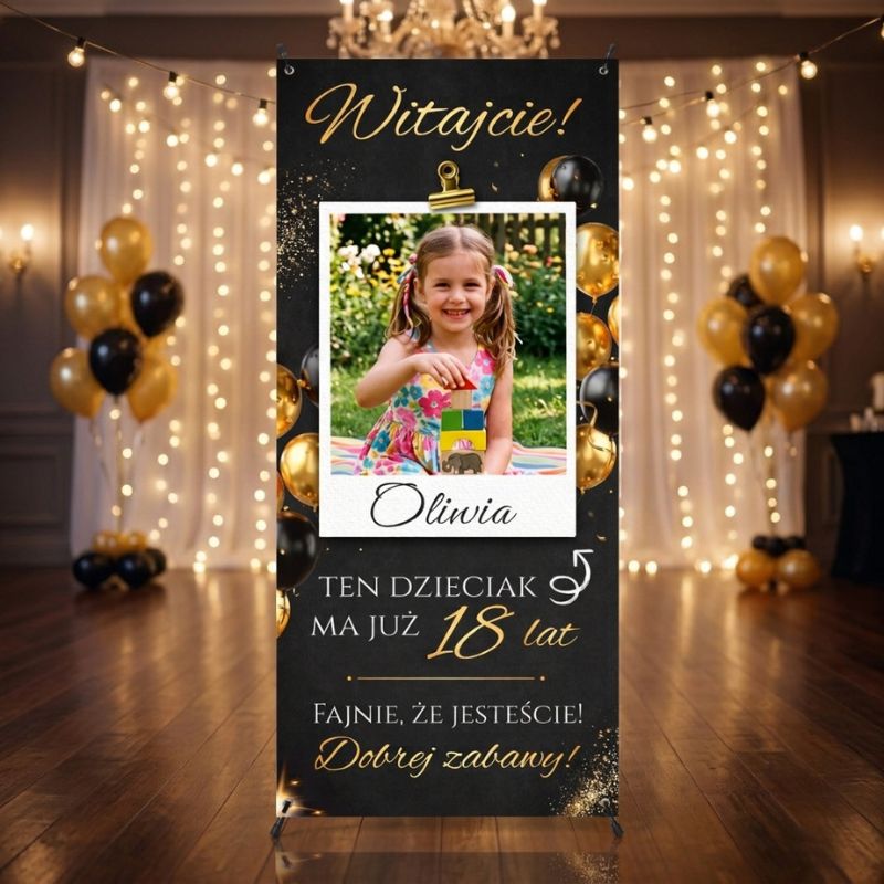 X Baner na Urodziny ze Zdjęciem Personalizowany Baner Powitalny Czarno Złoty