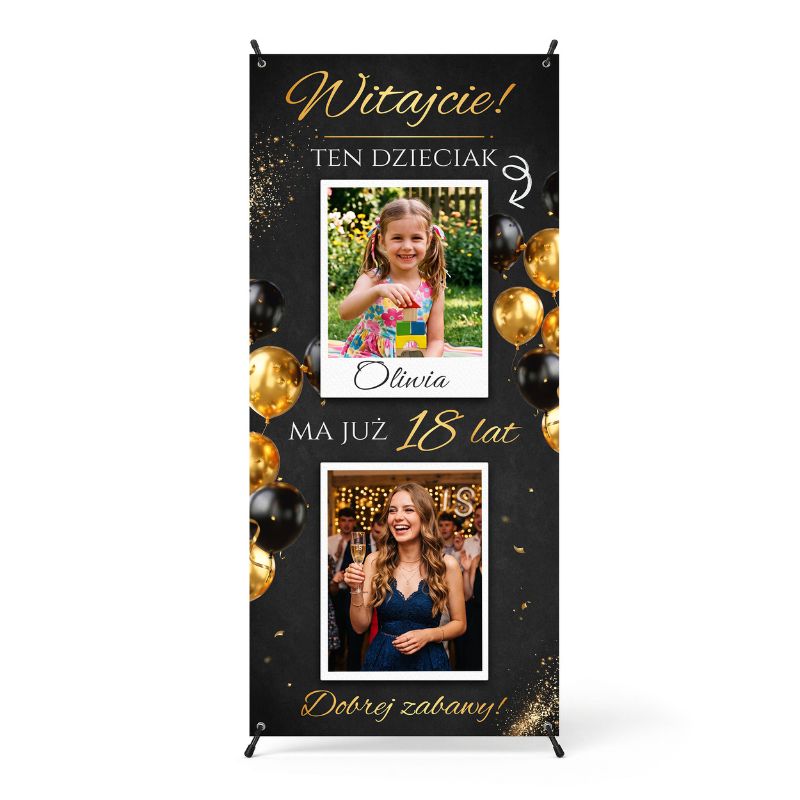 X Baner na Urodziny Zdjęcia Kiedyś i Dziś Czarno Złoty Glamour MD2014