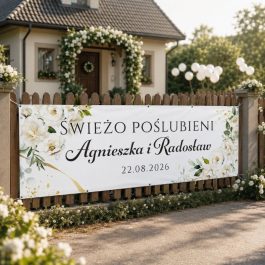 Baner Ślubny na Ogrodzenie z Imionami Młodej Pary Białe Kwiaty