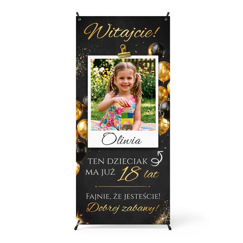 X Baner na Urodziny ze Zdjęciem Personalizowany Baner Powitalny Czarno Złoty