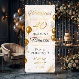 X Baner na 40 Urodziny Ścianka Urodzinowa Beżowo Złote Balony MD2031