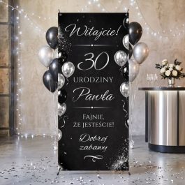 Baner Urodzinowy 18, 30, 40 , 50 Lat Personalizowane Tło do Zdjęć Czarno Srebrne MD2032