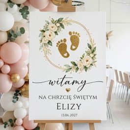 Tablica Powitalna Chrzest Personalizowana Wianuszek Białych Kwiatów MD2066