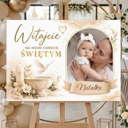 Witacz na Chrzest ze Zdjęciem Dziecka Personalizacja Imię Data Beżowa MD2072