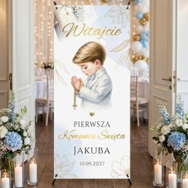 Baner Komunijny Dekoracja Sali Modlący się Chłopiec Niebieski MD2074