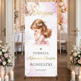 Baner Komunijny Dekoracja Sali Modląca się Dziewczynka Różowa MD2075