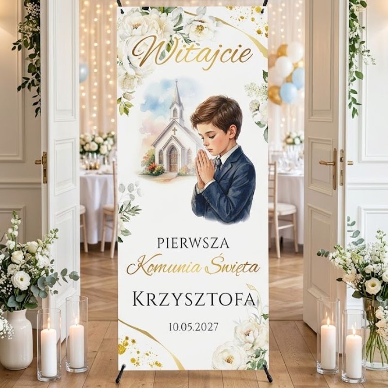 Baner na Komunię Świętą Dekoracja Sali Modlący się Chłopiec Kościółek MD2079