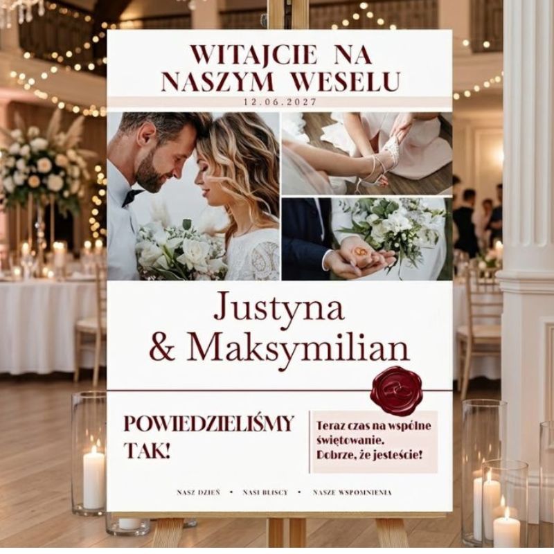 Ślubna Tablica Powitalna ze Zdjęciami 50x70 PCV Personalizowana Bordo MD2081