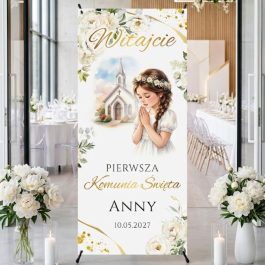 Baner Pierwsza Komunia Święta ze Stojakiem Dziewczynka Modląca MD2080