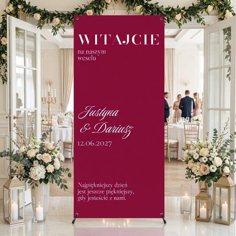 Witacz Weselny z Waszymi Imionami Personalizowany Baner Ślubny Bordowy MD2087