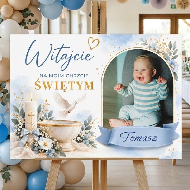 Tablica Powitalna ze Zdjęciem Chrzest Święty dla Chłopca Niebieska MD2070